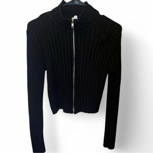 garage black ribbed zip-up sweater